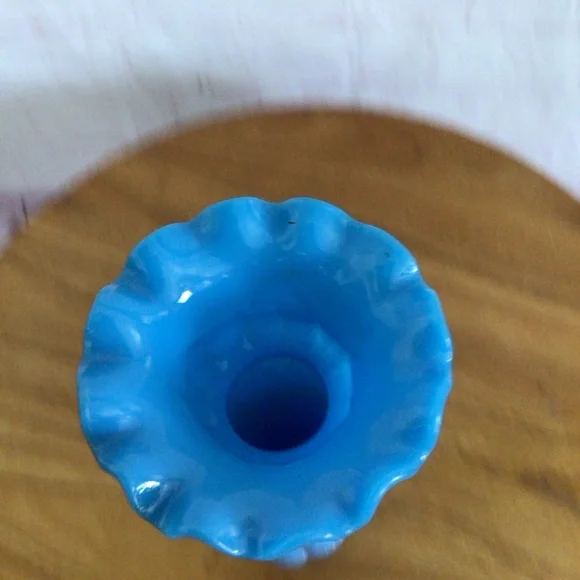 Victorian Blue Opaline Glass Ruffled Footed Vase - Picture 7 of 8